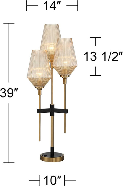 Possini Euro Design Axiom Modern Console Table Lamp 39" Tall Brass Gold Black Metal Champagne Ribbed Glass Shade for Bedroom Living Room House Home Bedside Nightstand Office Entryway Kids Family