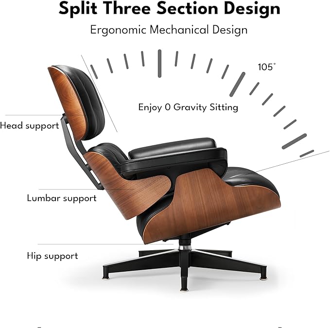 Top Black Grain Leather, Mid Century Chaise Lounge Chair and Ottoman, Leather Accent Chair, Modern Chair, Classic Design, Heavy Duty Base Support for Living Room Lounge Office, Walnut, Heightening