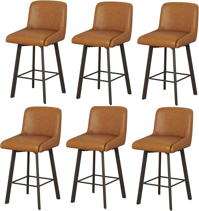 Swivel Counter Height Bar Stools Set of 6, 26''H Upholstered Barstools with Backs, Modern Bar Stool Chairs for Kitchen Island, Metal Legs, Faux Leather, Whiskey Brown Stools Counter Chair