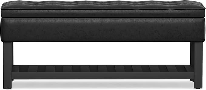 SIMPLIHOME Cosmopolitan 44 inch Wide Transitional Rectangle Storage Ottoman Bench with Open Bottom in Distressed Black Vegan Faux Leather, Assembled for the Living Room and Bedroom
