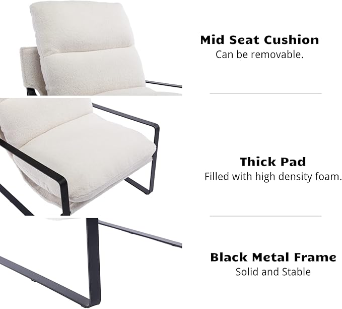 HEAH-YO Modern Accent Chair Set of 1, Upholstered Sherpa Living Room Chair with Backrest and Metal Frame, Comfy Reading Chair for Bedroom, White