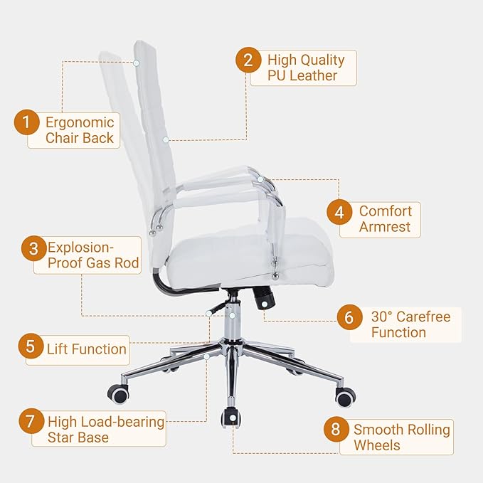Sidanli Ergonomic Desk Chairs, Executive Swivel Faux Leather High Back Chair with Comfortable Lumbar Support and Smooth Rolling Wheels for Office, White