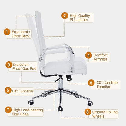 Sidanli Ergonomic Desk Chairs, Executive Swivel Faux Leather High Back Chair with Comfortable Lumbar Support and Smooth Rolling Wheels for Office, White