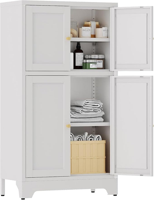 White Bathroom Floor Cabinet, Metal Storage Cabinet with 2 Adjustable Shelves & 4 Doors,Freestanding Sideboard for Dining Room,Living Room, Home Office