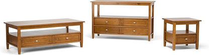 SIMPLIHOME Warm Shaker Console Table - 48 Inch Wide Solid Wood Sofa Table in Light Golden Brown, Transitional Storage for Living Room with 4 Drawers, Open Shelf, and Brushed Nickel Knobs