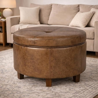 HomePop Large Leatherette Storage Ottoman - Distressed Brown Faux Leather