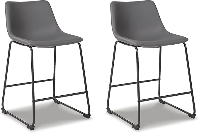 Signature Design by Ashley Centiar Modern Faux Leather 23.75" Counter Height Bucket Seat Barstool, Tubular Metal Base, Footrest for Comfort, Set of 2, Gray
