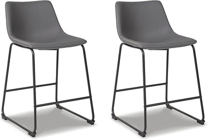 Signature Design by Ashley Centiar Modern Faux Leather 23.75" Counter Height Bucket Seat Barstool, Tubular Metal Base, Footrest for Comfort, Set of 2, Gray