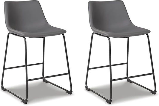 Signature Design by Ashley Centiar Modern Faux Leather 23.75" Counter Height Bucket Seat Barstool, Tubular Metal Base, Footrest for Comfort, Set of 2, Gray