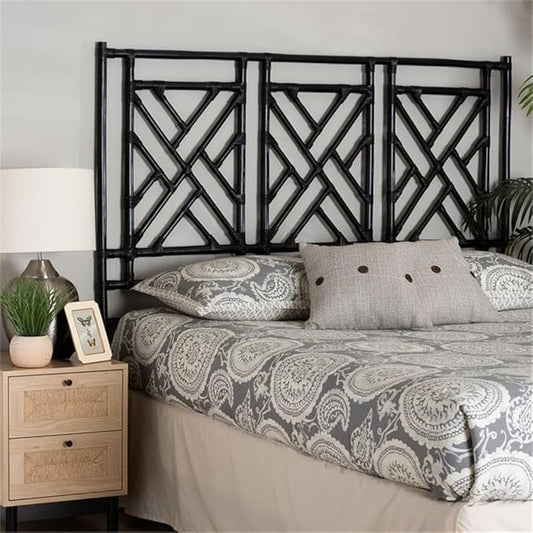 Pemberly Row Bohemian Black Natural Rattan King Size Standalone Headboard