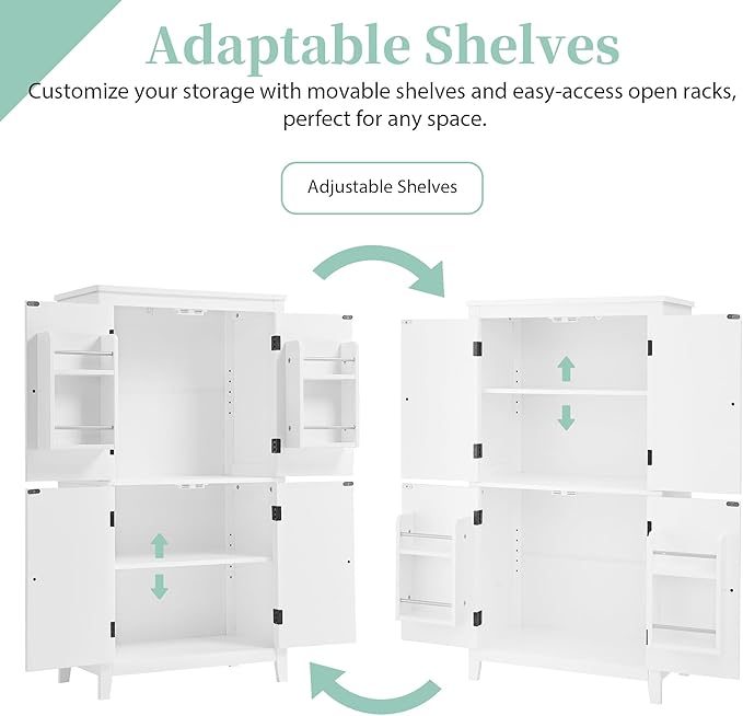 Tall Storage Cabinet, Bathroom Floor Freestanding Storage Cabinet with 2 Double-Door and Adjustable Shelves for Bathroom, Office, Living Room, White