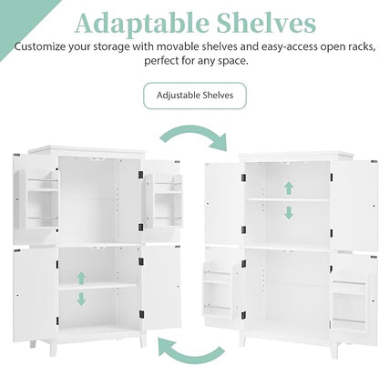 Tall Storage Cabinet, Bathroom Floor Freestanding Storage Cabinet with 2 Double-Door and Adjustable Shelves for Bathroom, Office, Living Room, White