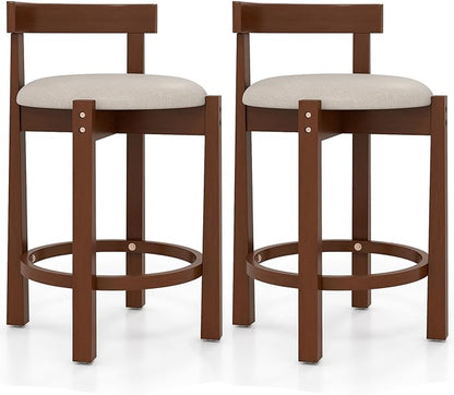 COSTWAY 24” Counter Height Bar Stools Set of 2, Linen Upholstered Bar Chairs with Backrests and Footrests, Wood High Barstools for Kitchen Island and Dining Room (Walnut)