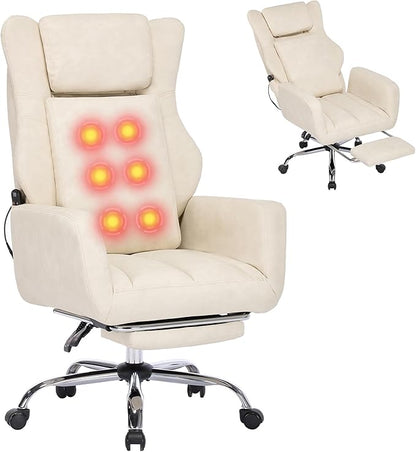 DYHOME Executive Office Chair with Massage and Footrest Heavy Duty Task Desk Swivel Ergonomic Chairs with Lumbar Support Wheels Flip-up Arms Adjustable Height,Leather Beige Computer Gaming Chairs