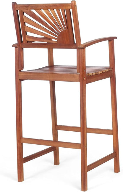 COSTWAY Bar Stools Set of 4, Outdoor Acacia Wood Bar Chairs with Sunflower Backrest, Curved Armrests & Breathable Seat, Ideal for Balcony, Sunroom, Patio, Easy Assembly