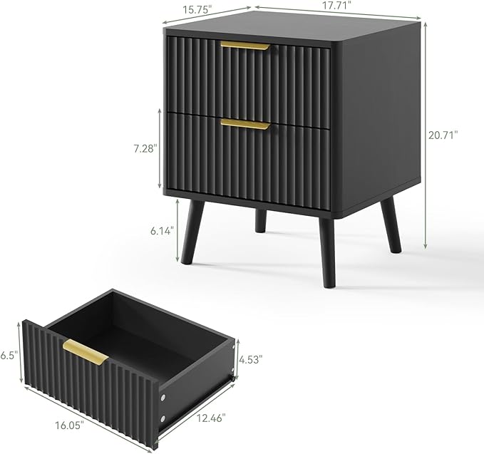 LYNSOM Fluted Dresser and Nightstand Set, 3 Pieces Bedroom Set, 55 Inch Wide 6-Drawer Dresser & 2-Drawer Nightstands Set of 2, Modern Dressers Set for Bedroom, Hallway, Black
