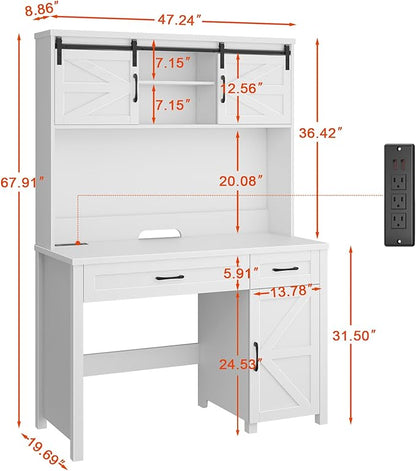 Vabches Farmhouse 47" Executive Desk, Computer Desk with 2 Drawers and Storage Cabinet, Home Office Desk with Hutch, Charging Hub, Workspace for Work and Study,(Cream White)