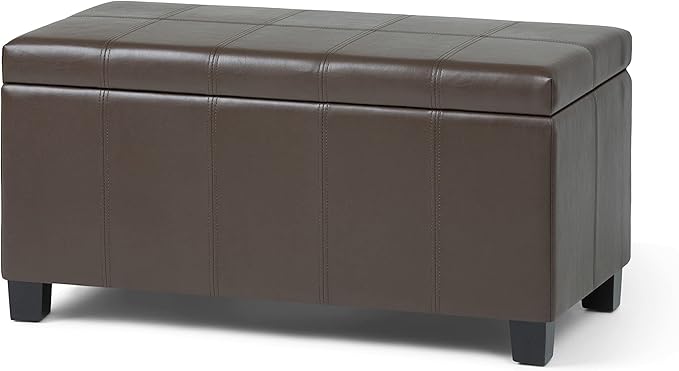 SIMPLIHOME Dover 36 inch Wide Contemporary Rectangle Storage Ottoman Bench in Chocolate Brown Vegan Faux Leather, Assembled, For the Living Room, Entryway and Family Room
