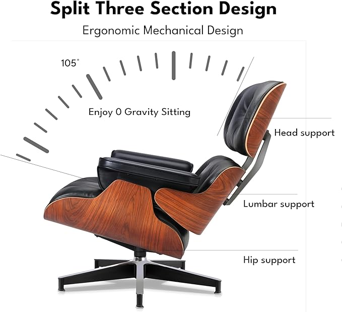 Top Black Grain Leather, Mid Century Chaise Lounge Chair and Ottoman, Leather Accent Chair, Modern Reading Chair, Classic Design, Heavy Duty Base Support for Living Room Lounge Office, Palisander