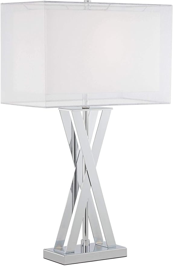 Possini Euro Design Proxima Modern Table Lamp 28" Tall Chrome Silver Crisscrossing Metal Sheer Outer White Inner Rectangular Shade for Bedroom Living Room House Bedside Nightstand Office Family