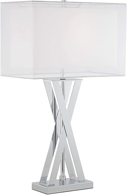 Possini Euro Design Proxima Modern Table Lamp 28" Tall Chrome Silver Crisscrossing Metal Sheer Outer White Inner Rectangular Shade for Bedroom Living Room House Bedside Nightstand Office Family