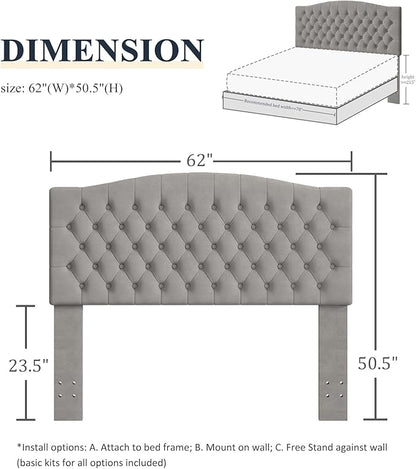 Queen Headboard Only, Upholstered Headboard for Adjustable Bed Velvet Tufted Queen/Full Size Wall Mounted Head Board with Solid Wood Legs Head Board, Gray