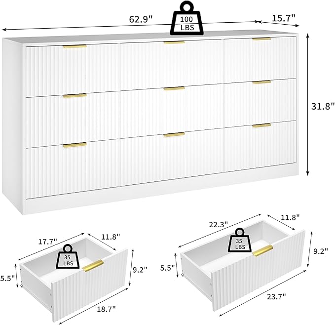 White Dresser for Bedroom with 9 Drawers, 63” Wide White Fluted Dresser Modern Chest of Drawers with Gold Handles, Wooden TV Stand Storage Organizer for Bedroom, Living Room
