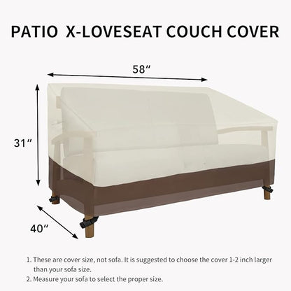 Easy-Going Waterproof Outdoor Loveseat, Heavy Duty 2-Seater Patio Couch, Windproof Furniture Cover with Air Vent (58Wx40Dx31H inch, Beige/Dark Brown)