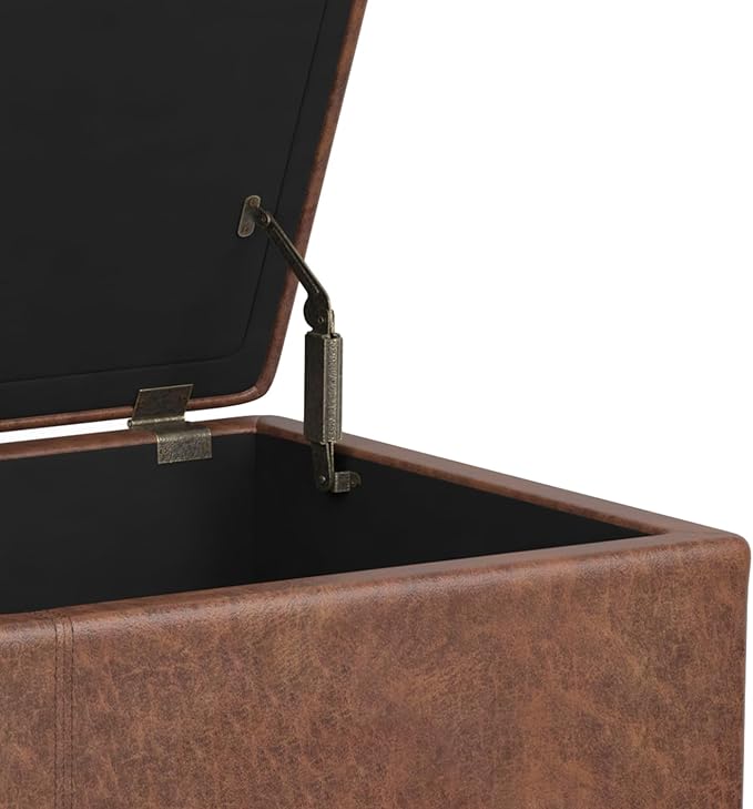 SIMPLIHOME Avalon 54 Inch Wide Contemporary Rectangle Extra Large Storage Ottoman Bench in Distressed Saddle Brown Vegan Faux Leather, Assembled, For the Living Room, Entryway and Family Room