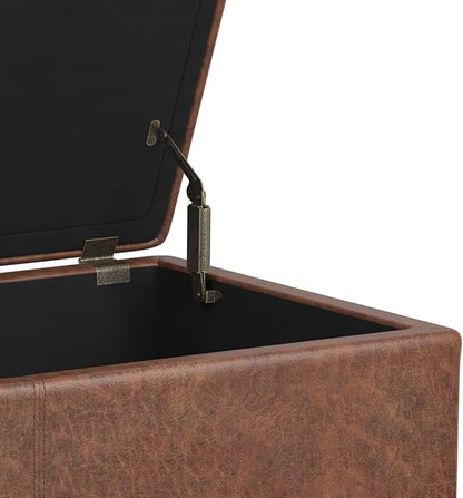 SIMPLIHOME Avalon 54 Inch Wide Contemporary Rectangle Extra Large Storage Ottoman Bench in Distressed Saddle Brown Vegan Faux Leather, Assembled, For the Living Room, Entryway and Family Room