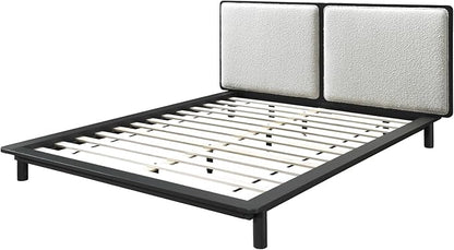 Nord Queen Size Wood Platform Bed | Box Spring Not Required | Black Frame and Cream Beige Boucle