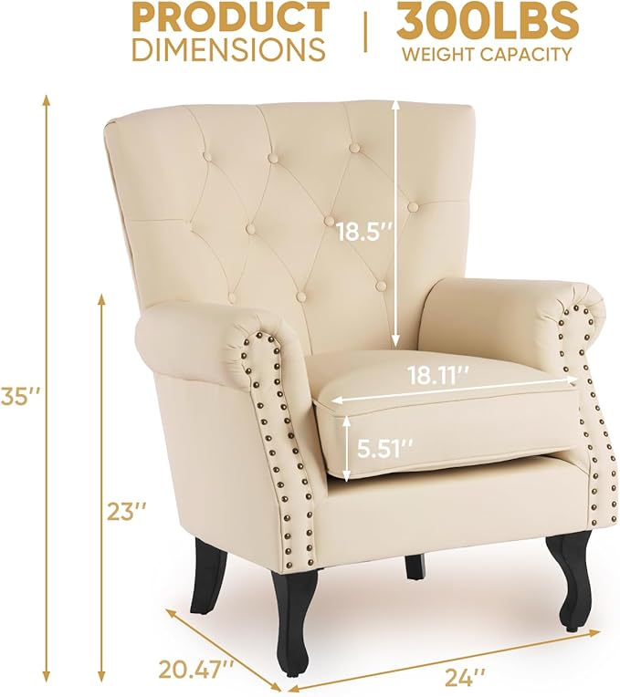 MOJAY PU Leather Accent Chair Set of 2, Modern Armchair Living Room Chair, Upholstered Club Chair with Rivet Trim, Mid-Century Sofa Chair with Sturdy Wood Legs for Bedroom (Ivory White)