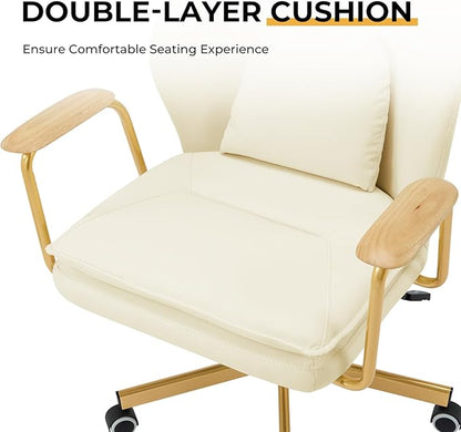 Furniliving Leather Home Office Desk Chairs，Comfy Office Chair, Adjustable Swivel Computer Chair with Golden Legs and Wooden Padded Armrest, Modern Upholstered Task Chair with Wheels,Beige