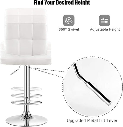 COSTWAY Bar Stool, Modern Swivel Adjustable Height PU Leather Barstools with Back, Square Armless Counter Height Bar Chair for Kitchen Island Dining Living Bistro Pub Counter, White