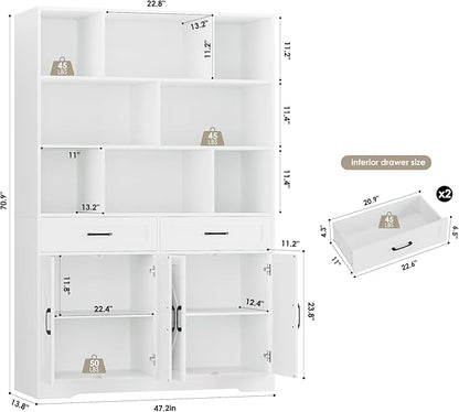 HOSTACK 71" Tall Bookcase with Drawers and Doors, 47" Wide Book Shelf and Bookcase with Storage, 6 Tier Large Book Storage Cabinet with 14" Deep Display Shelves for Living Room, Home Office, White