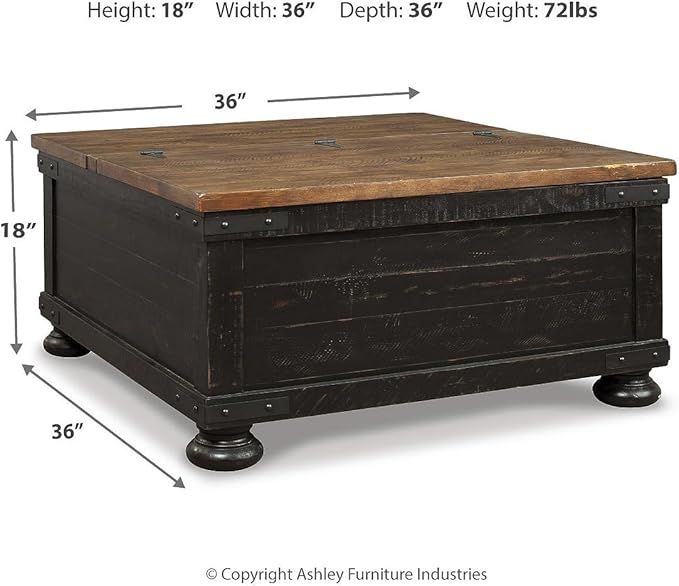 Signature Design by Ashley Valebeck Lift Top Coffee Table, Storage, Split-top Design, Wood, 36" W x 36" D x 18" H, 2-tone Distressed Brown & Black Finish