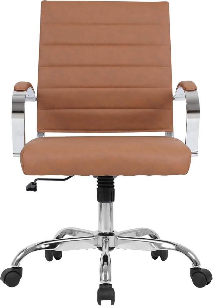 LANDSUN Home Office Chair Mid Back Desk Chair PU Leather Ribbed Executive Swivel Computer Chair with Wheels and Armrests Soft Padded Adjustable Height Conference Task Brown