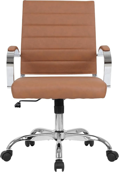 LANDSUN Home Office Chair Mid Back Desk Chair PU Leather Ribbed Executive Swivel Computer Chair with Wheels and Armrests Soft Padded Adjustable Height Conference Task Brown