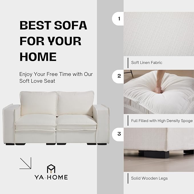 Modern Sectional Sofa for Living Room, Upholstered 2-Seater Modular Couches Linen Fabric Love Seat for Home Furniture, White