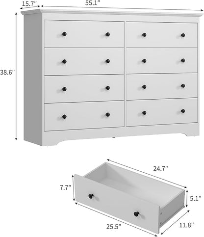 LYNSOM Modern 8 Drawer Dresser, 55.1" Wide Dressers & Chests of Drawers with Large Capacity Storage, Mid Century White Dresser for Bedroom, Hallway, White
