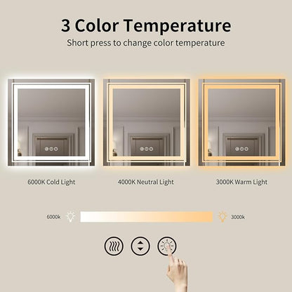 WTTY LED Bathroom Mirror 36"x36" with Backlit and Front Light,Stepless Dimmable LED Mirror for Bathroom,Anti-Fog Lighted Bathroom Vanity Mirror Modern,Memory Function,Shatter-Proof