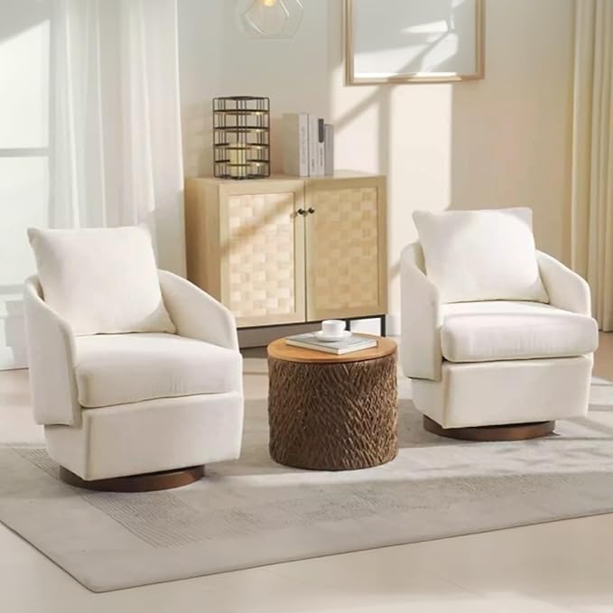 CIMOTA Swivel Accent Chair, Modern Barrel Armchair with 360° Swivel Base and Pillow, Upholstered Fabric Club Chair for Living Room/Reading/Office, Beige