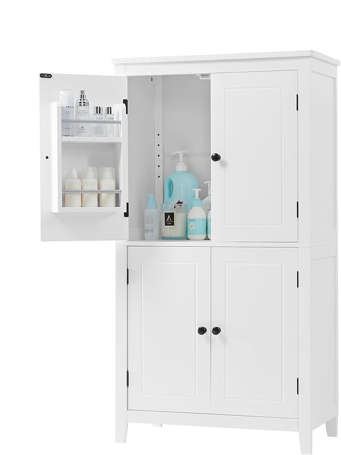 Tall Storage Cabinet, Bathroom Floor Freestanding Storage Cabinet with 2 Double-Door and Adjustable Shelves for Bathroom, Office, Living Room, White
