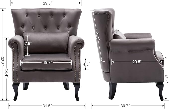 chairus Mid-Century Modern Accent Chair Comfy Tufted Single Sofa Chair Wingback Armchair with Pillow for Club, Living Room, Bedroom - Velvet, Grey