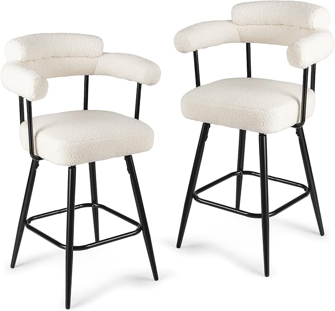 COSTWAY Counter Height Bar Stools Set of 2, 27" Swivel Modern Upholstered Counter Chairs with Boucle Fabric, Curved Backrests & Metal Legs, for Kitchen Island, Home, Pub (2, White + Black)