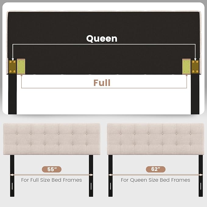 KOMFOTT Linen Upholstered Headboard for Full & Queen Size Bed Frame, Tufted Button Bed Headboard with Solid Rubber Wood Legs, Rectangular Headboard with Adjustable Width, Beige