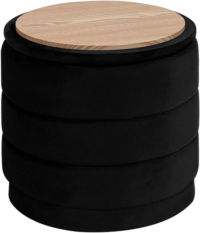 PINPLUS Round Velvet Ottoman Tray, Black Upholstered Decorative Accent for Footstool or Coffee Table, Removable Serving Surface