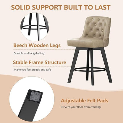 MINCETA Bar Stools Set of 4, PU Leather Barstools, 26 Inch Upholstered Counter Stools with Low Tufted Back and Footrest, Swivel Counter Height Barstools for Kitchen Island Home Bar Khaki