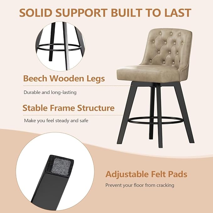 MINCETA Bar Stools Set of 2, PU Leather Barstools, 26 Inch Upholstered Counter Stools with Low Tufted Back and Footrest, Swivel Counter Height Barstools for Kitchen Island Home Bar Khaki