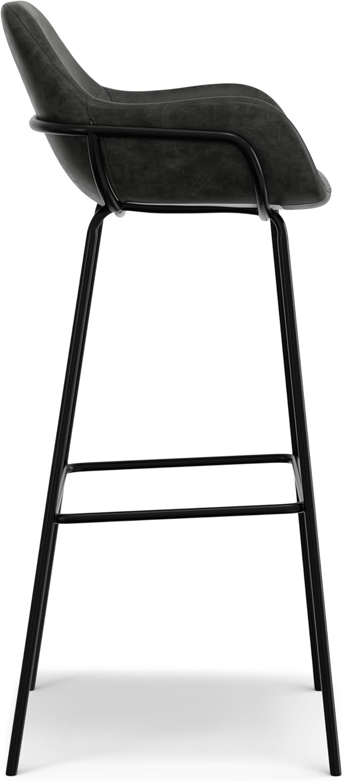 SIMPLIHOME Mira Bar Stools (Set of 2) - 30 inch Seat Height Upholstered Metal Bar Chairs in Distressed Slate Grey Vegan Faux Leather, Contemporary Seating with Curved Cushioned Seat and Armrests